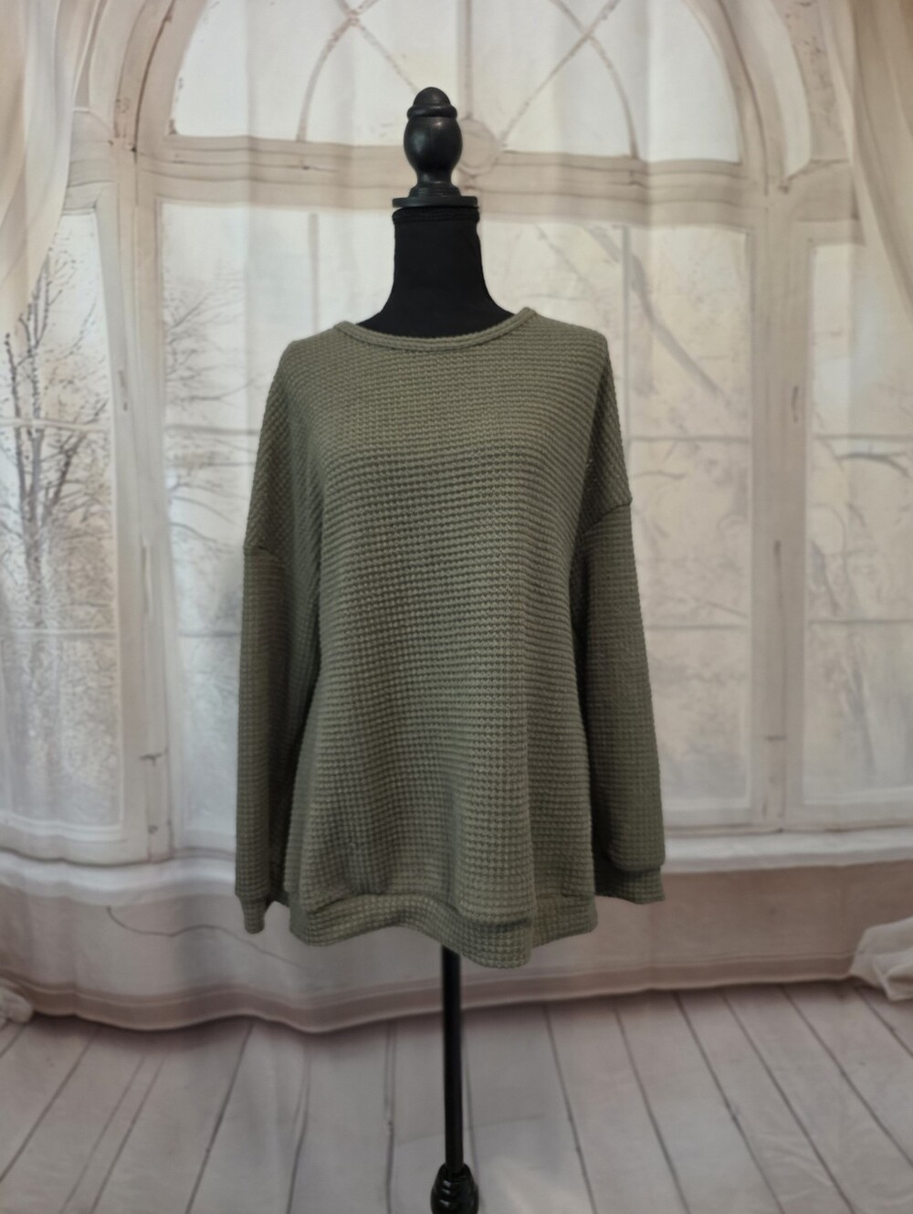 Relaxed Waffle-Knit Crewneck Sweater - Olive
